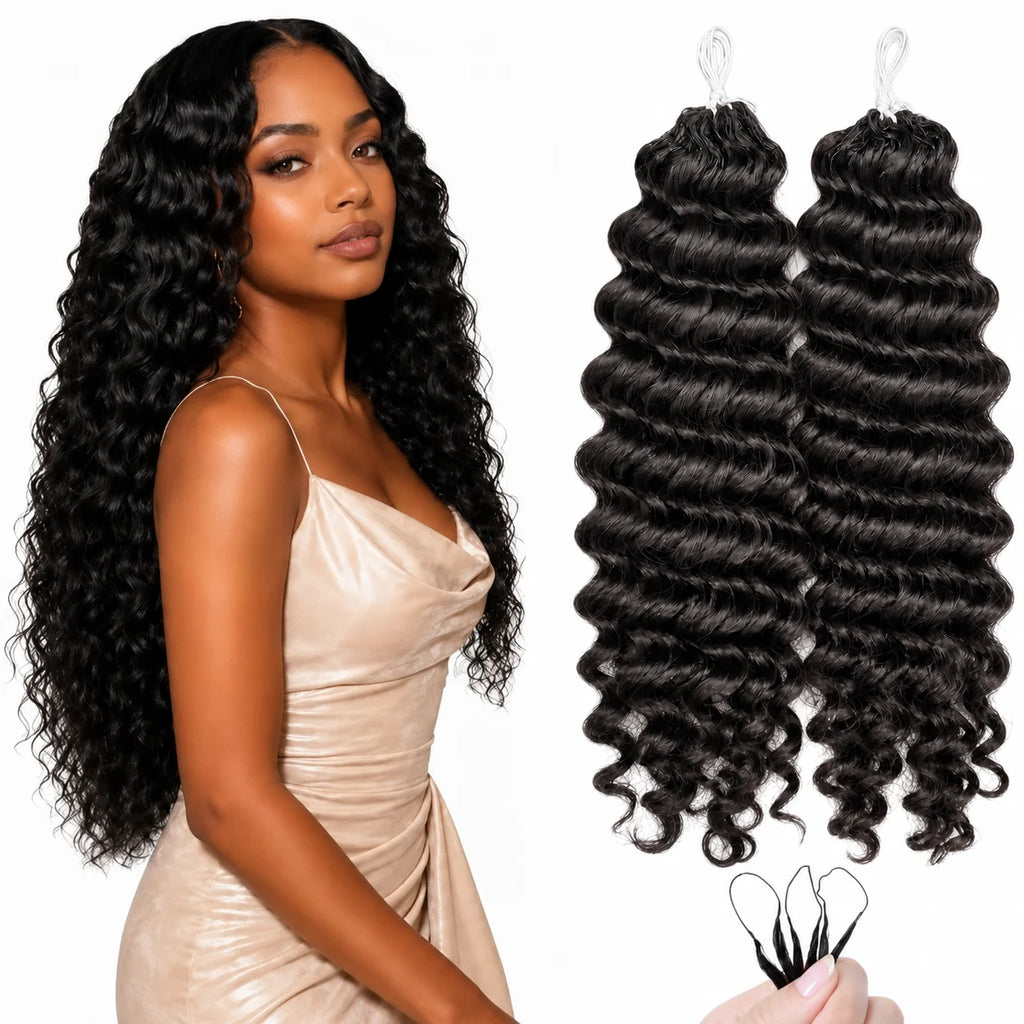 Deep Wave Crochet Human Hair Bundles Pre-Separated 100% Remy Boho Braids Feather Invisible Crochet Hair Extensions for Women
