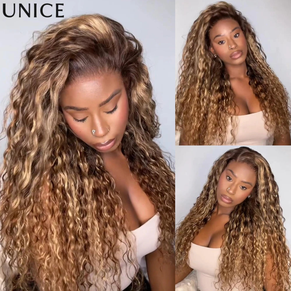 UNice Honey Blonde Highlights Water Wave Wig Side Part No-Slip 13x4 Lace Frontal Human Hair Wigs 150% Density