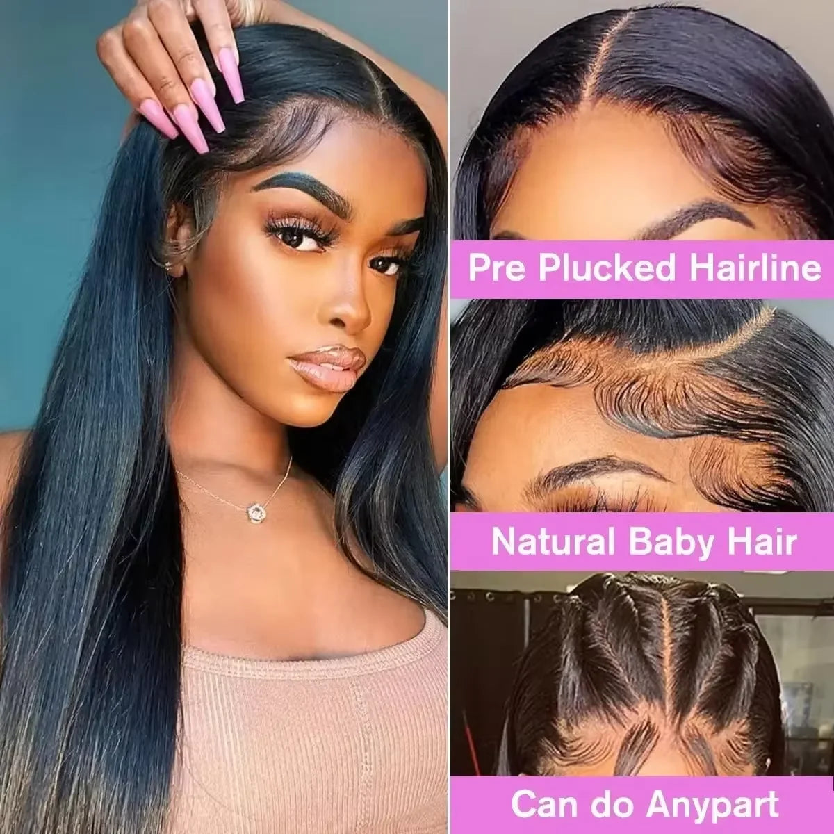 200% Density Bone Straight 7x6  Hd Transparent Lace Frontal Wig 42 46 Inch Brazilian Natural Color Straight Human Hair Wig 7x6 HD Transparent Full Frontal Lace Pre Plucked Long Wigs For Women 40 46 Inch