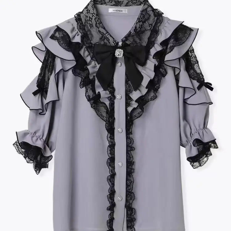 Dark Sweet Heart Ground Type Lolita Set, Ruffle Sleeve Top & A-line Skirt, Cute Kawaii Japanese Style Gothic Coord Outfit S-XL