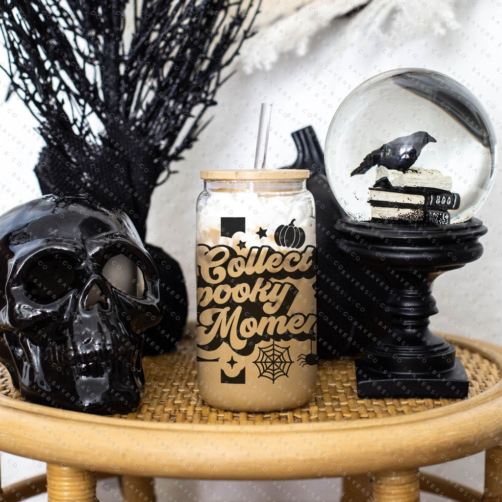 16oz Leopard Skull Halloween Glass Cup with Bamboo Lid & Straw
