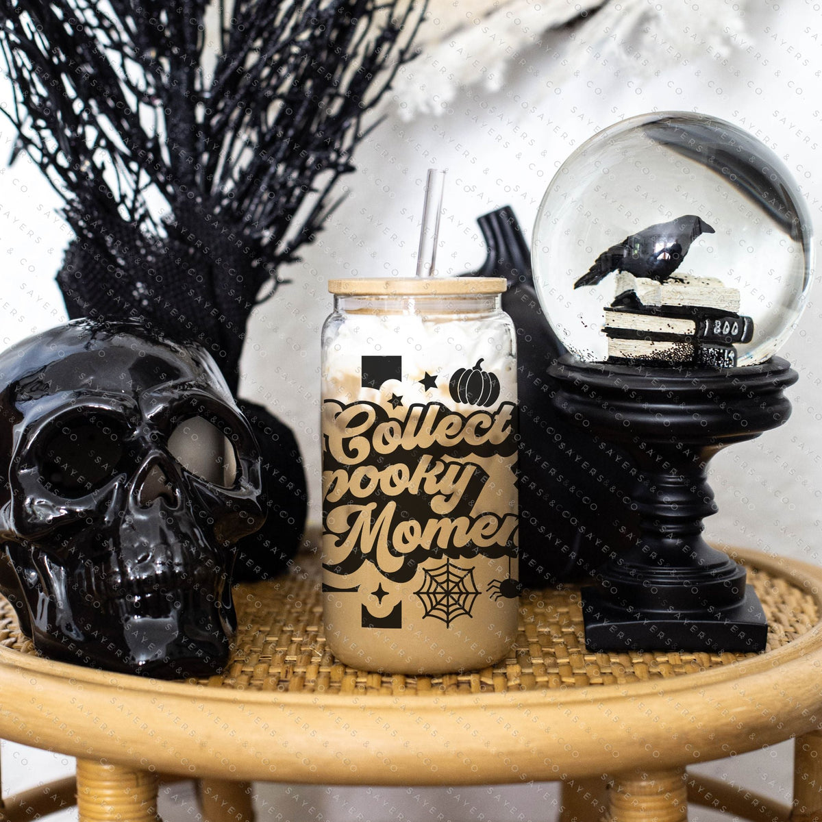 16oz Leopard Skull Halloween Glass Cup with Bamboo Lid & Straw