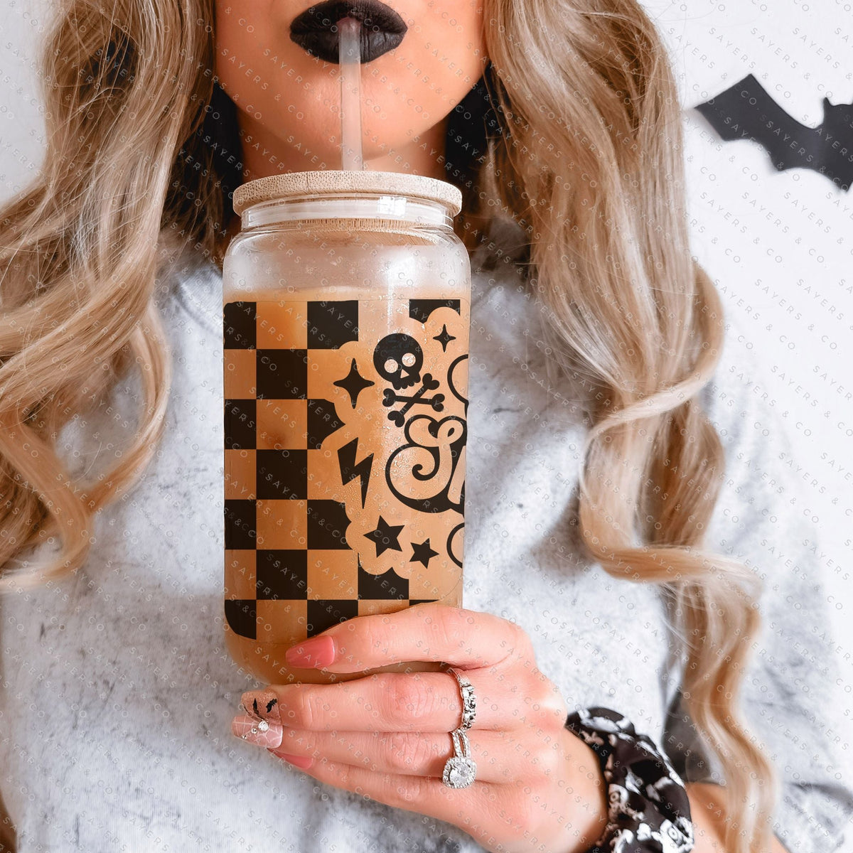 16oz Leopard Skull Halloween Glass Cup with Bamboo Lid & Straw