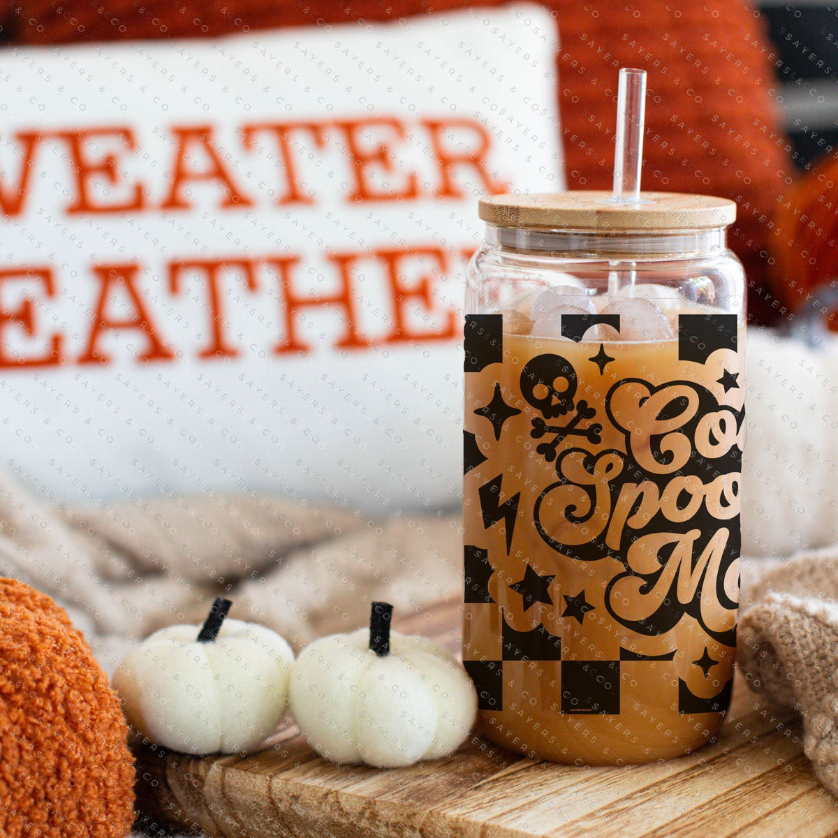 16oz Leopard Skull Halloween Glass Cup with Bamboo Lid & Straw