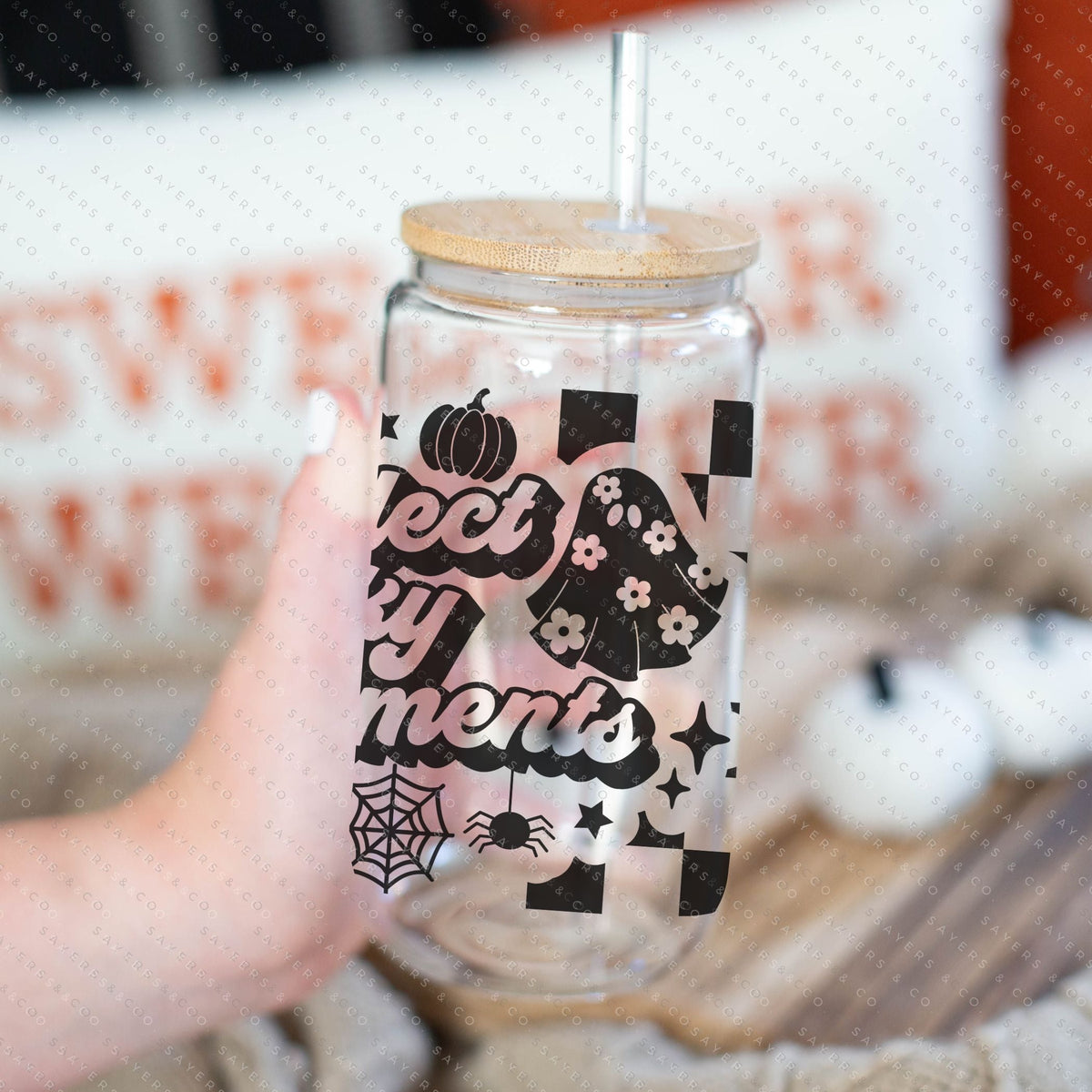 16oz Leopard Skull Halloween Glass Cup with Bamboo Lid & Straw