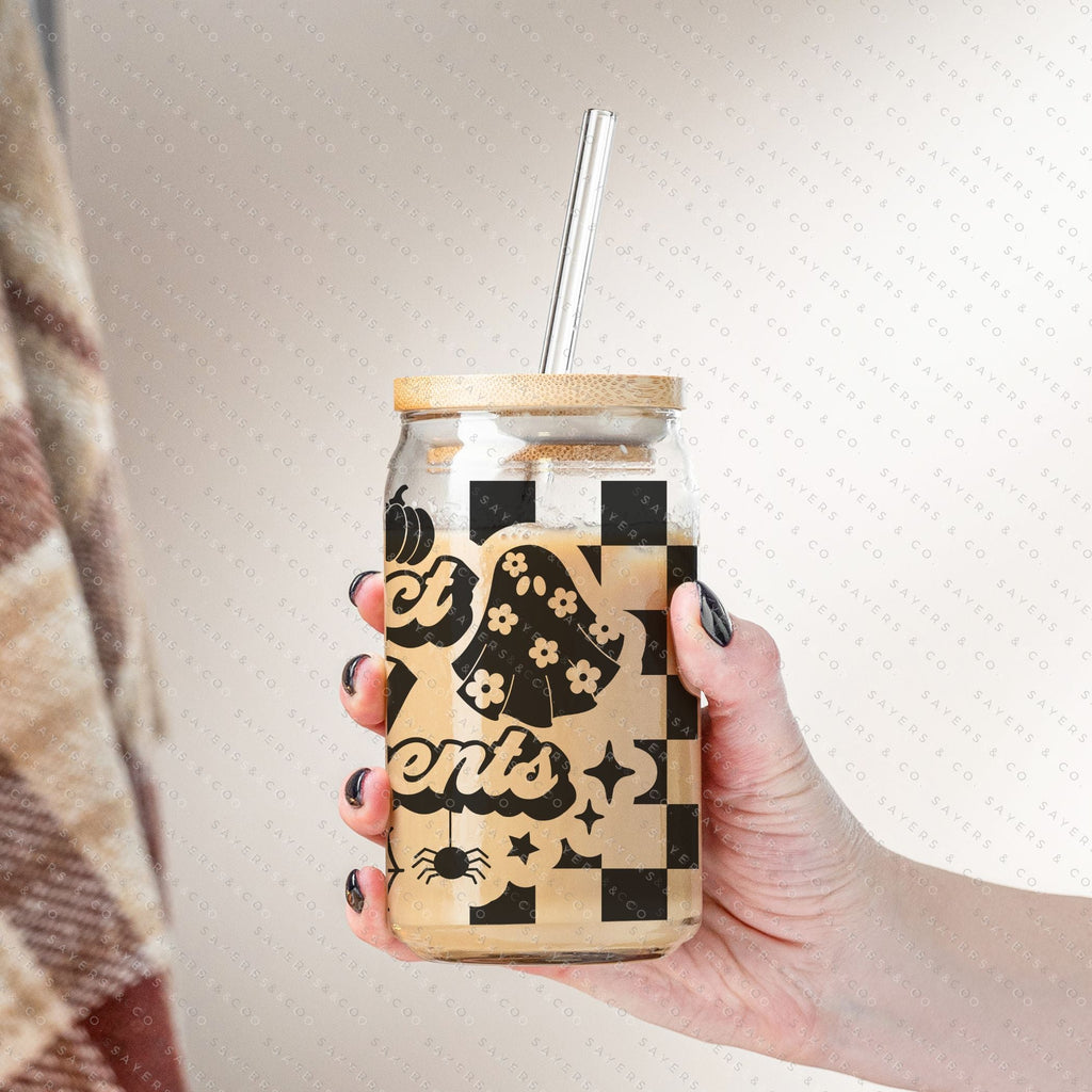 16oz Leopard Skull Halloween Glass Cup with Bamboo Lid & Straw