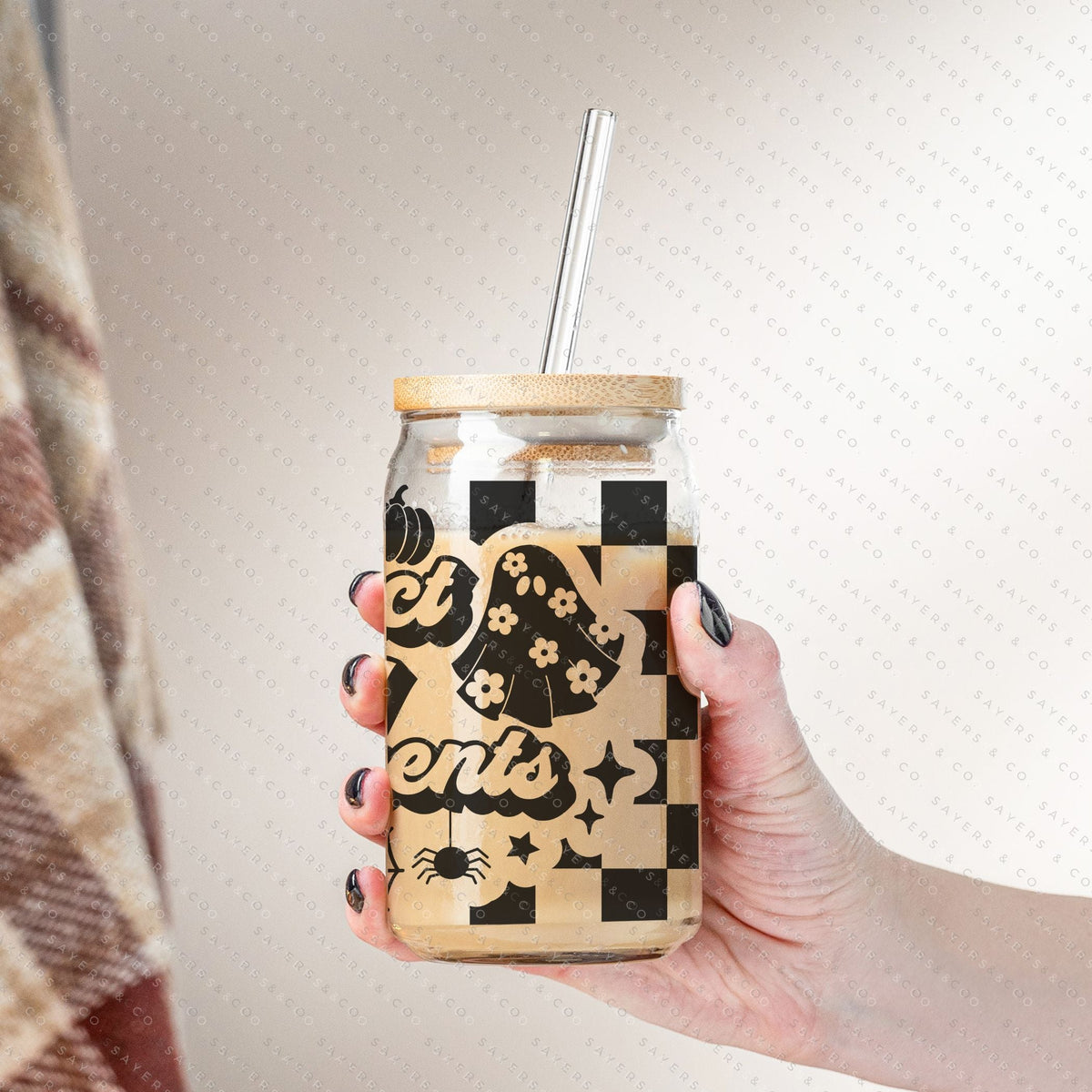 16oz Leopard Skull Halloween Glass Cup with Bamboo Lid & Straw