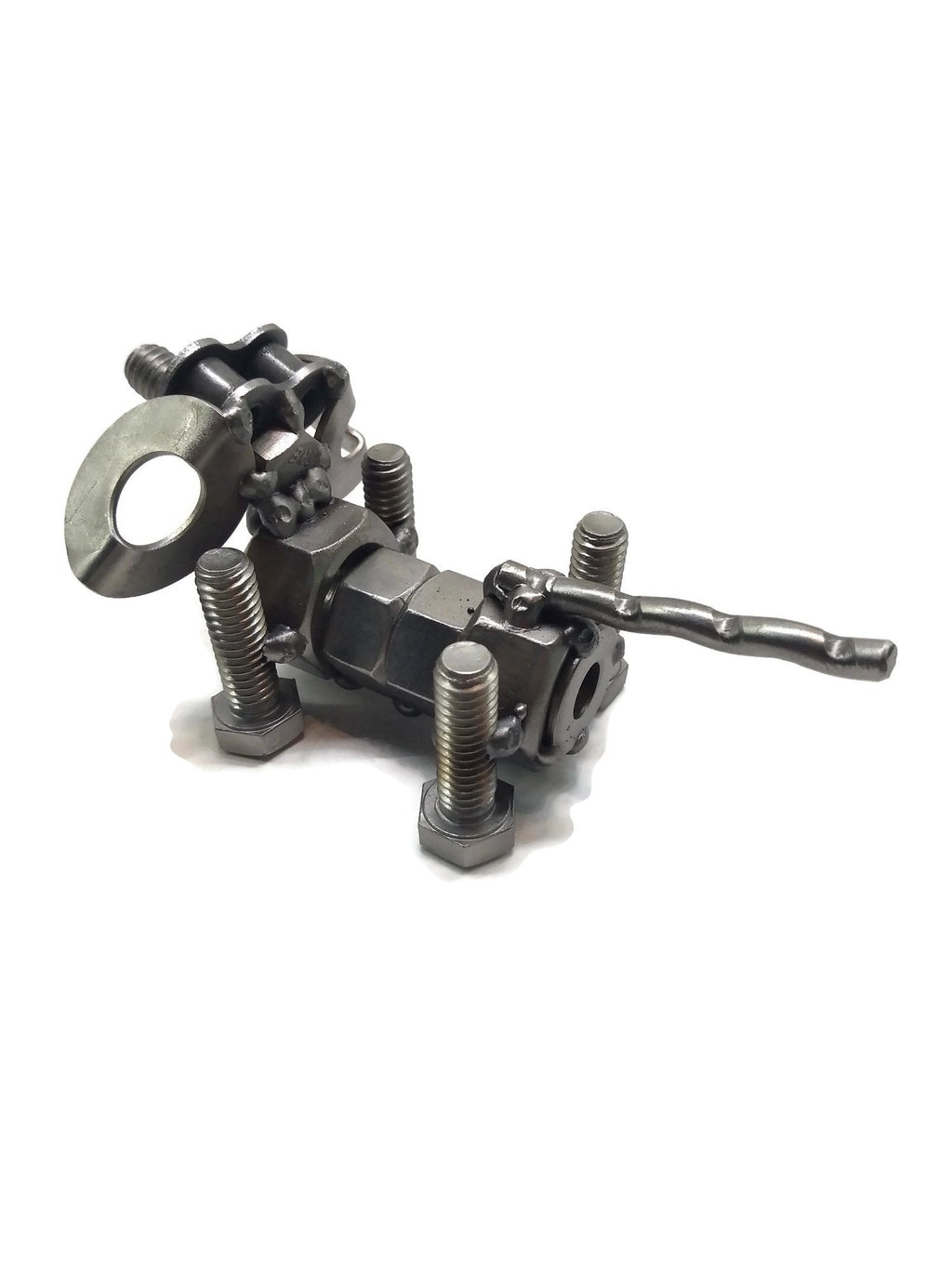 Scrap Metal Floppy Eared Dog Figurine, Steel Canine, Nuts and Bolts
