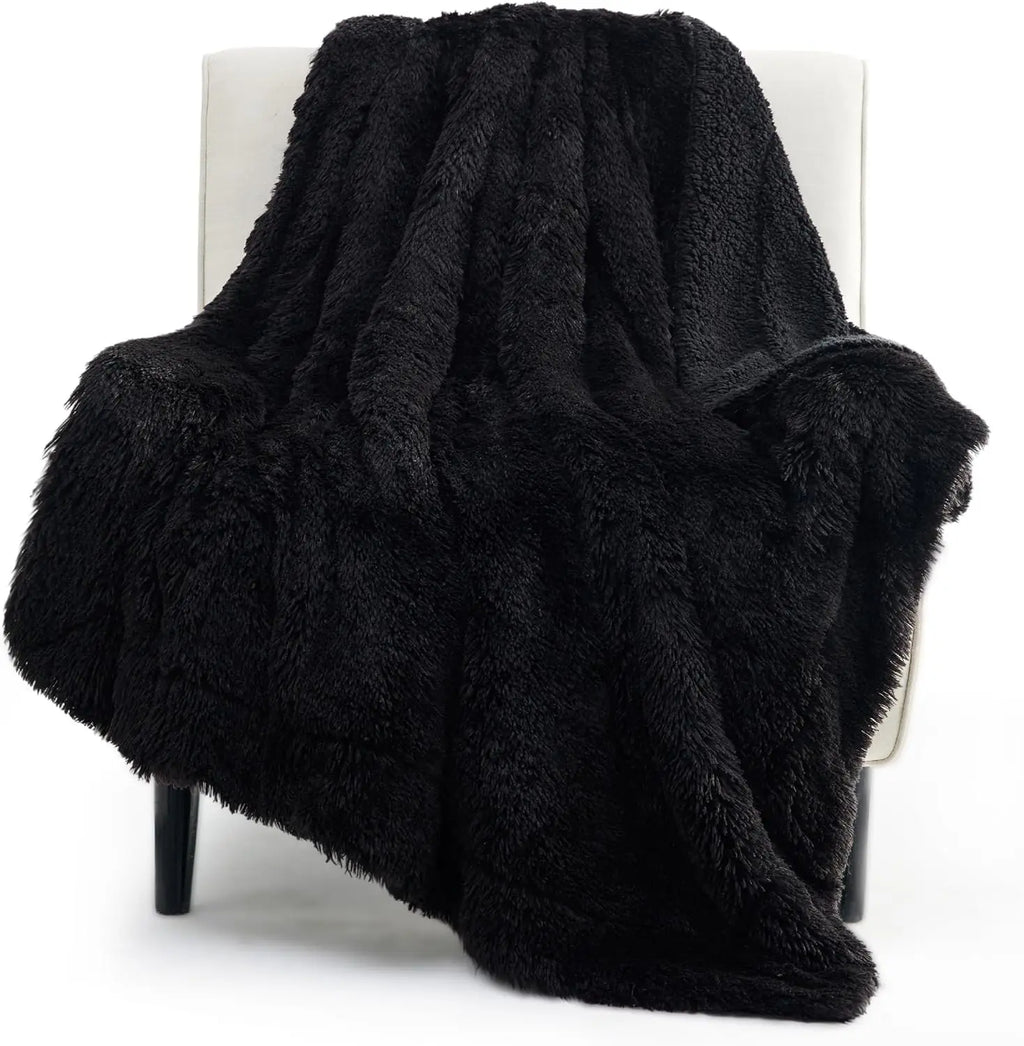 Black Fluffy Faux Fur Sherpa Throw Blanket - Soft Plush Reversible Blanket for Couch & Bed