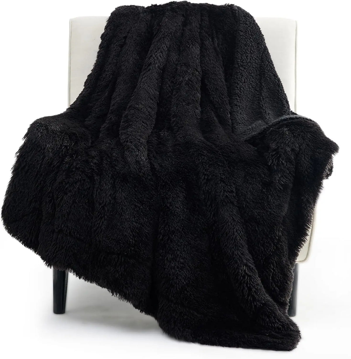 Black Fluffy Faux Fur Sherpa Throw Blanket - Soft Plush Reversible Blanket for Couch & Bed