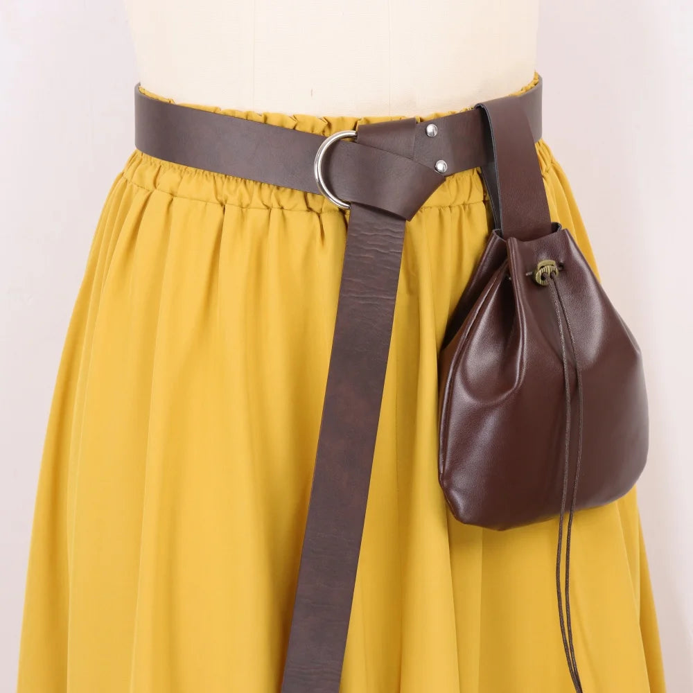 Vintage Medieval PU Leather Belt with Drawstring Pouch Renaissance