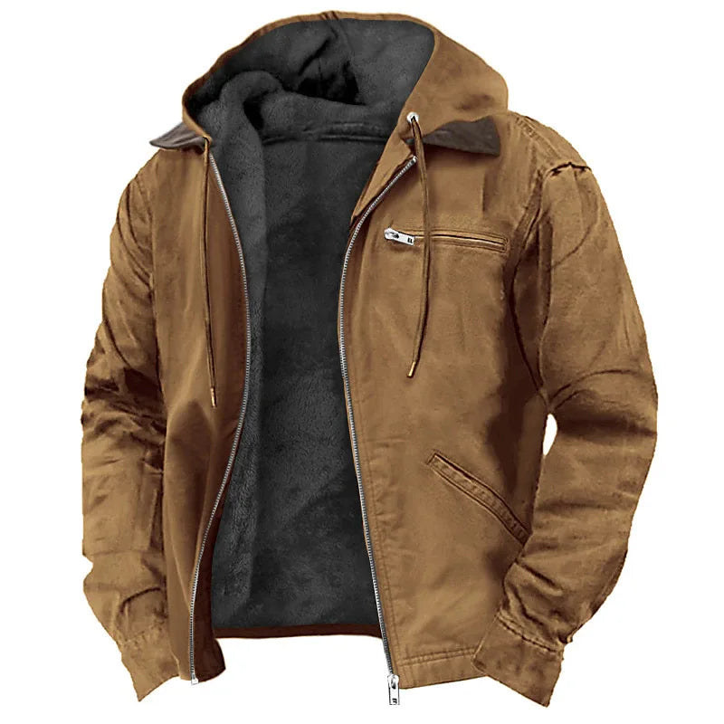 Men's Hooded Work Jacket - Fleece Lined Zip Pocket Warm Winter Coat
