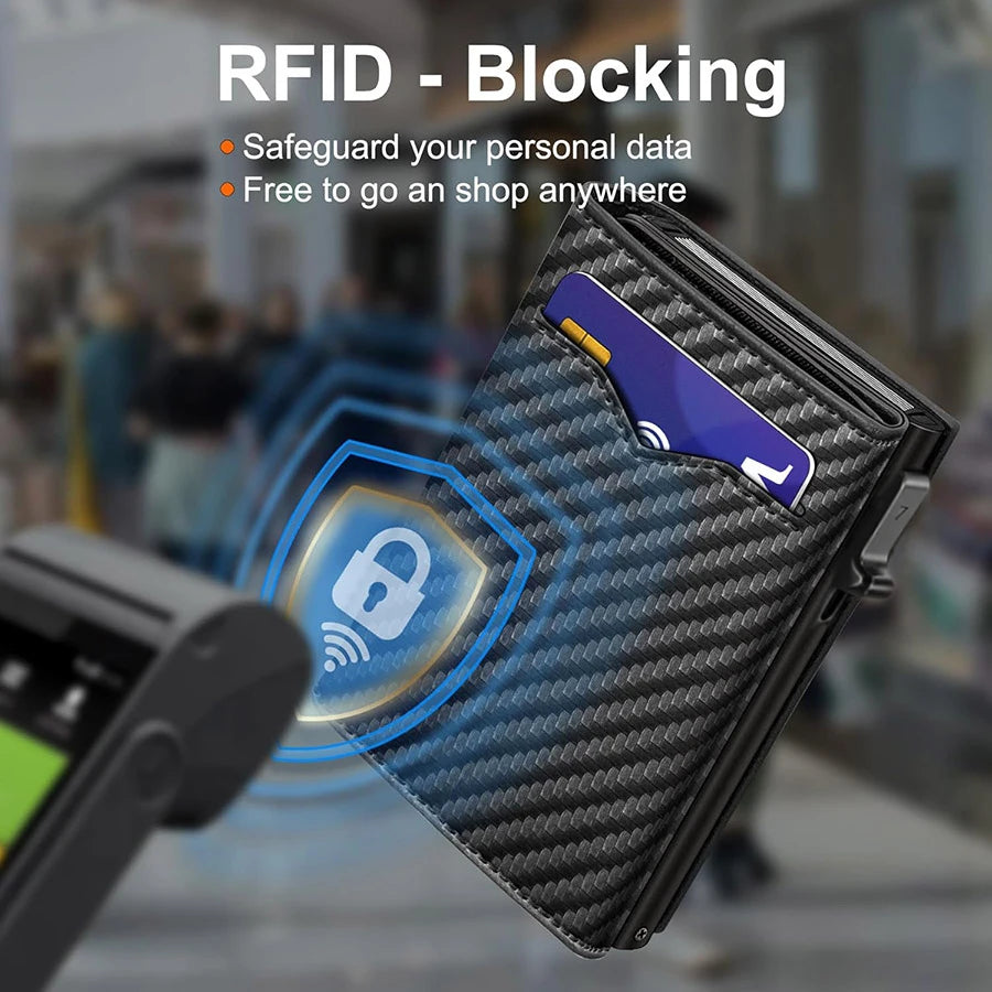 Men's Carbon Fiber Pop-Up Wallet - RFID Blocking Card Holder with ID Window & Cash Pocket