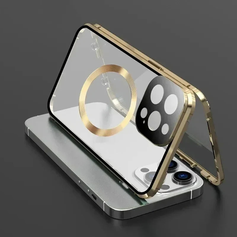 360° Full Protection Magnetic Glass Case - Double-Sided Snap Cover for iPhone 13 to 18 Pro Max