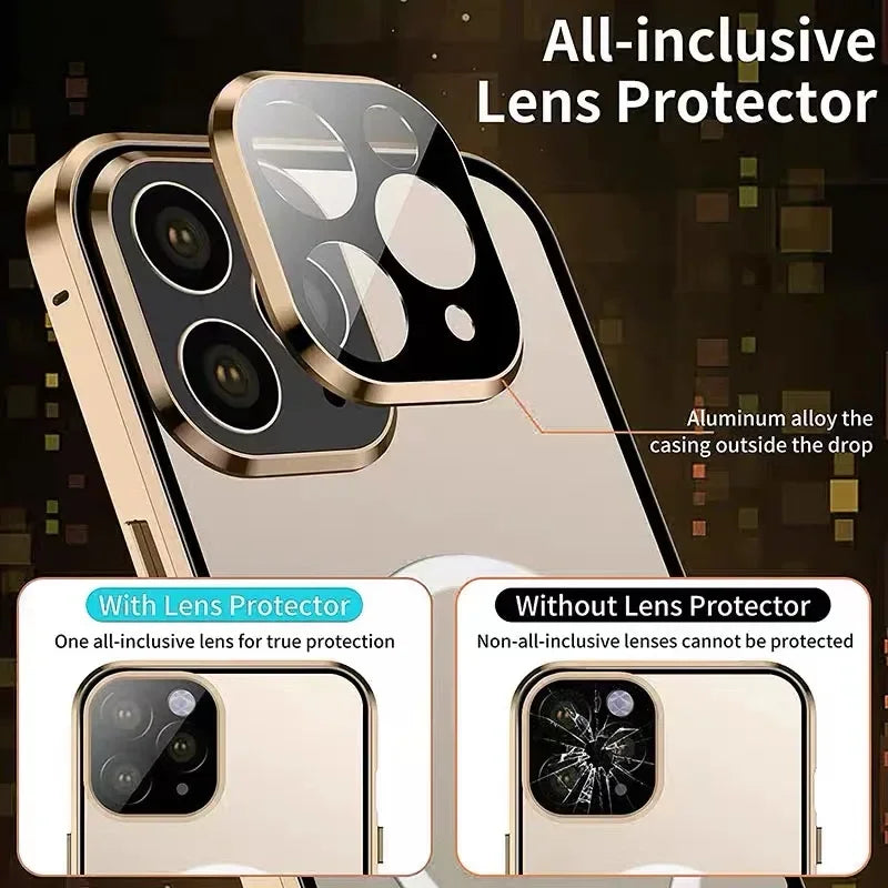 360° Full Protection Magnetic Glass Case - Double-Sided Snap Cover for iPhone 13 to 18 Pro Max