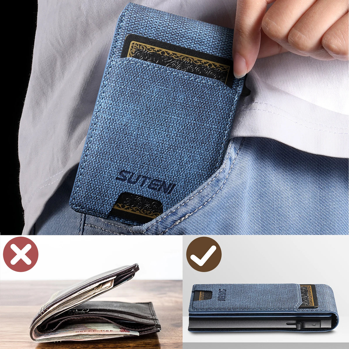Push-Out Card Wallet - Slim Faux Leather Card Holder (Holds 12 Cards)