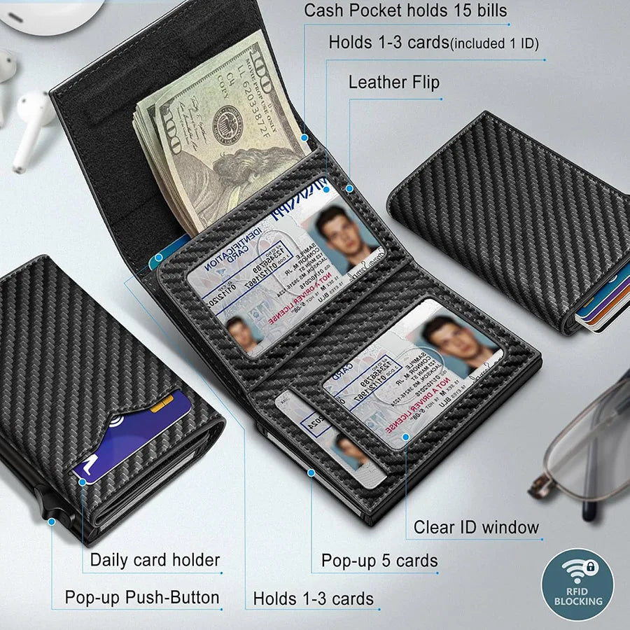 Men's Carbon Fiber Pop-Up Wallet - RFID Blocking Card Holder with ID Window & Cash Pocket
