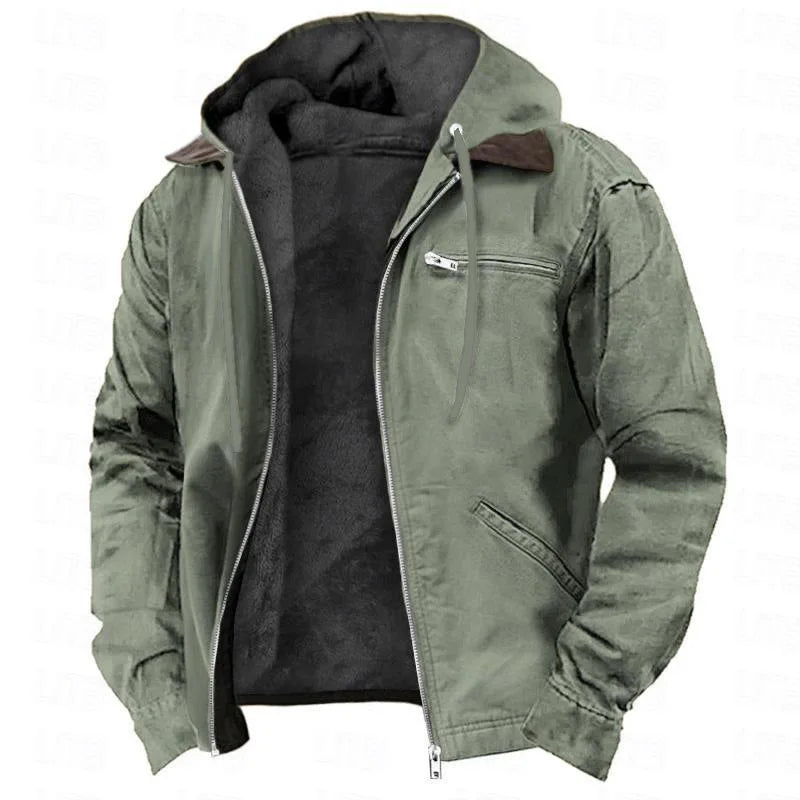 Men's Hooded Work Jacket - Fleece Lined Zip Pocket Warm Winter Coat