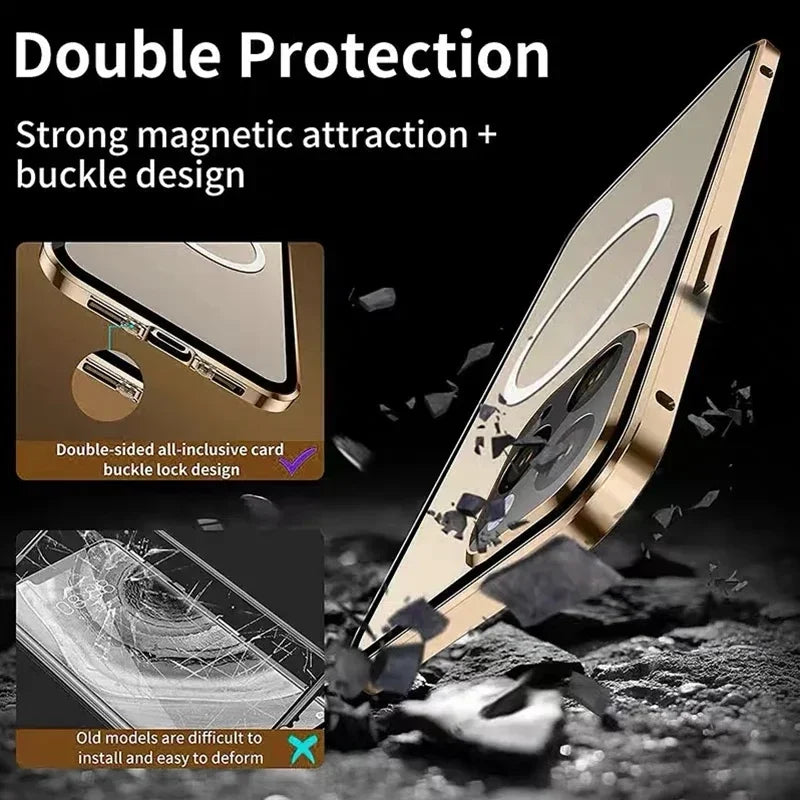 360° Full Protection Magnetic Glass Case - Double-Sided Snap Cover for iPhone 13 to 18 Pro Max