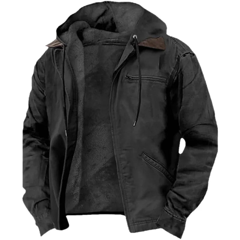 Men's Hooded Work Jacket - Fleece Lined Zip Pocket Warm Winter Coat