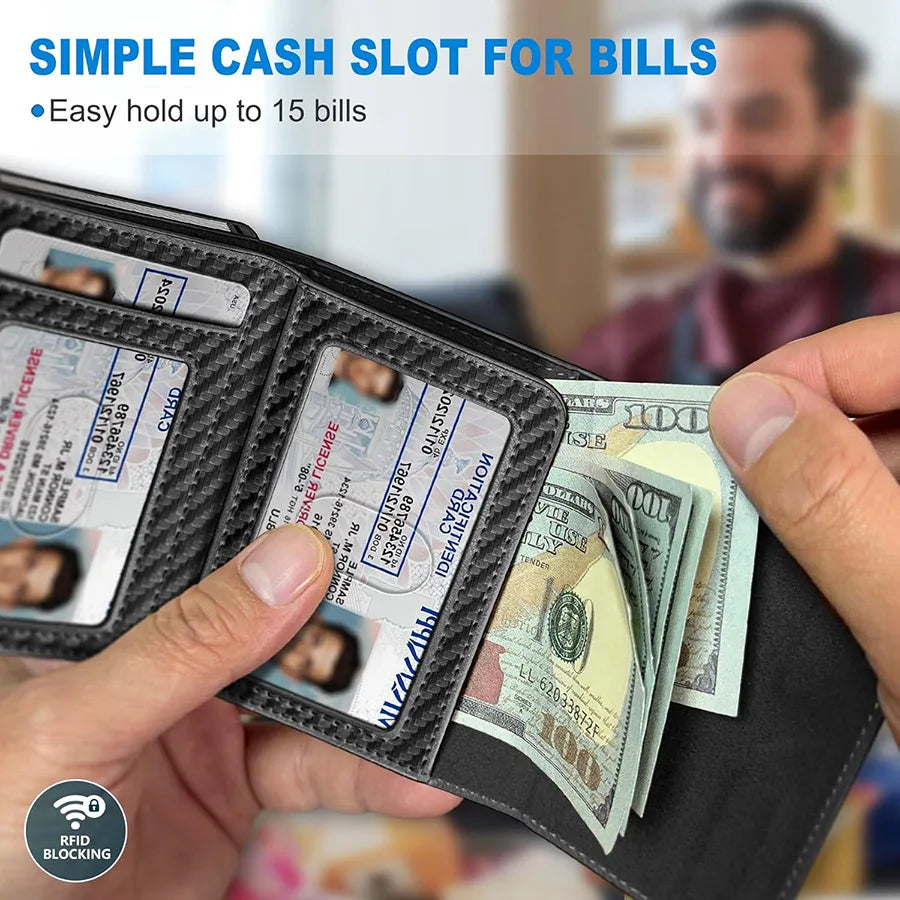 Men's Carbon Fiber Pop-Up Wallet - RFID Blocking Card Holder with ID Window & Cash Pocket