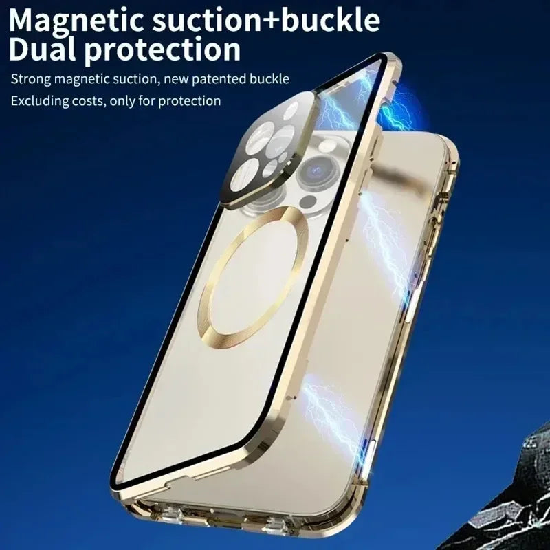 360° Full Protection Magnetic Glass Case - Double-Sided Snap Cover for iPhone 13 to 18 Pro Max