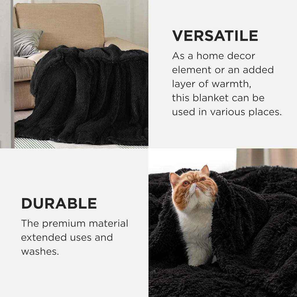 Black Fluffy Faux Fur Sherpa Throw Blanket - Soft Plush Reversible Blanket for Couch & Bed