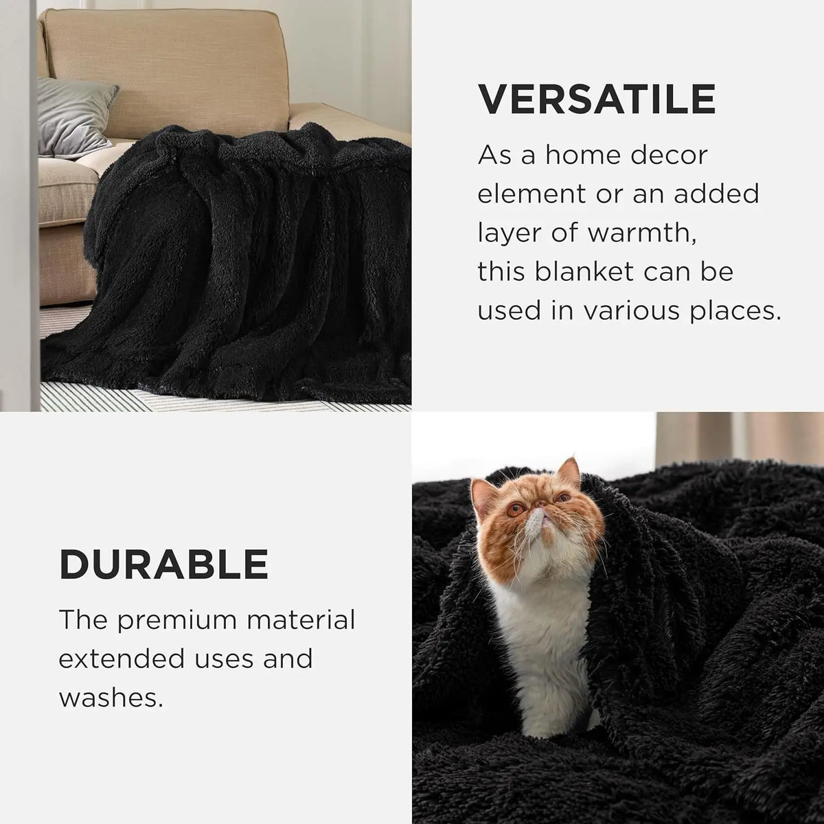 Black Fluffy Faux Fur Sherpa Throw Blanket - Soft Plush Reversible Blanket for Couch & Bed