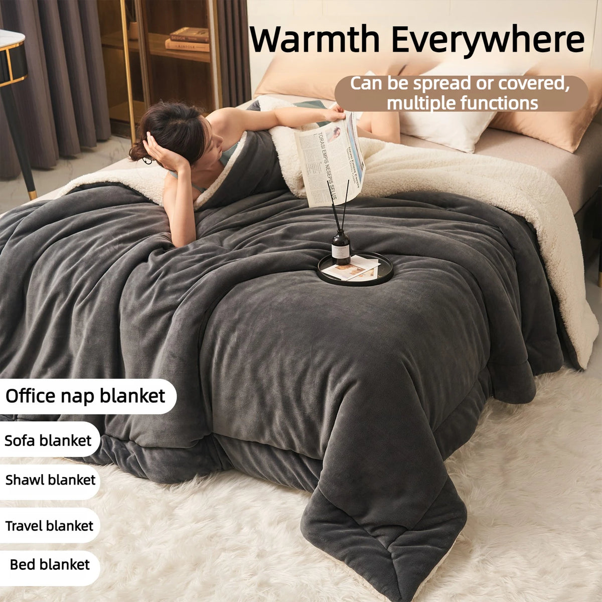 Lambswool Milk Fleece Blanket - Reversible Two-Tone Winter Bed Blanket