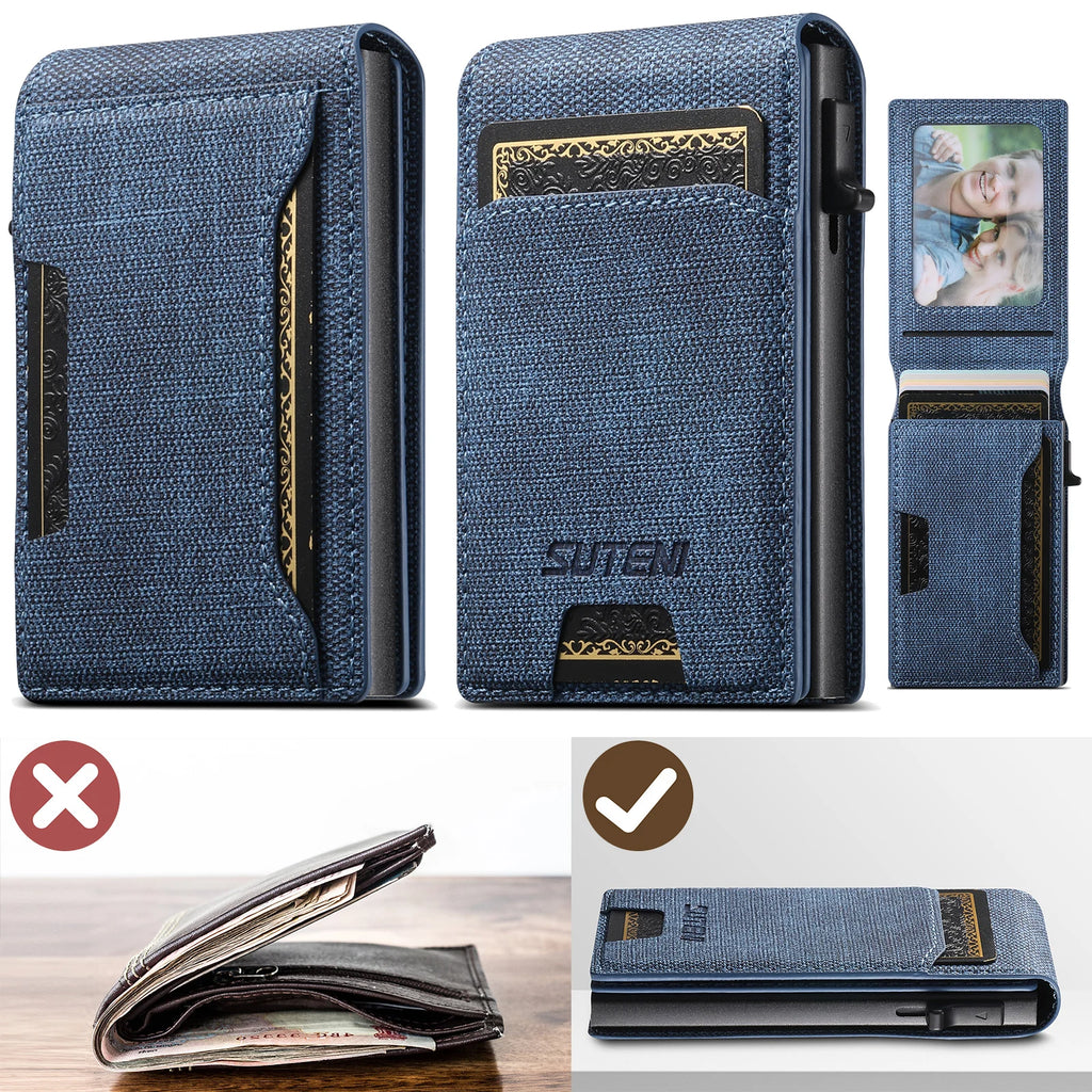 Push-Out Card Wallet - Slim Faux Leather Card Holder (Holds 12 Cards)
