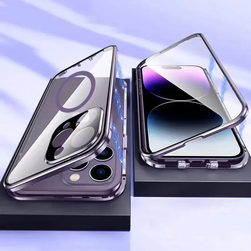 360° Full Protection Magnetic Glass Case - Double-Sided Snap Cover for iPhone 13 to 18 Pro Max