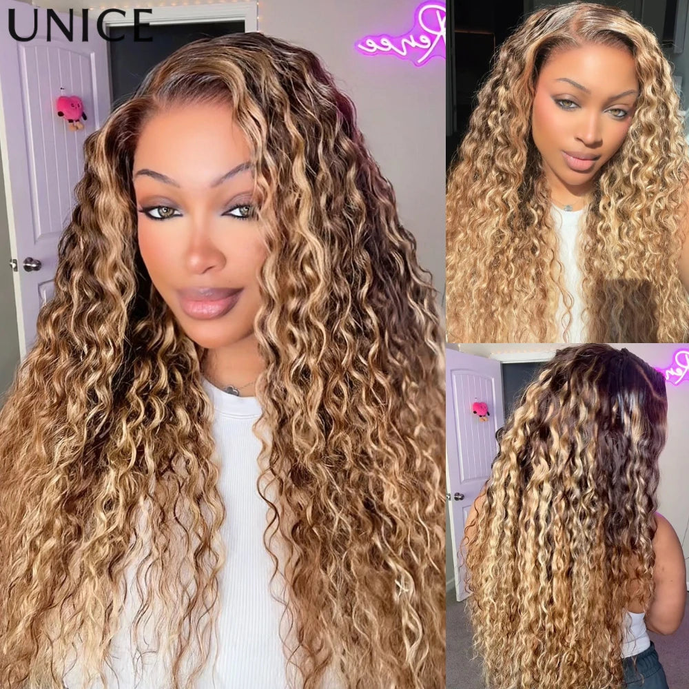 UNice Honey Blonde Highlights Water Wave Wig Side Part No-Slip 13x4 Lace Frontal Human Hair Wigs 150% Density