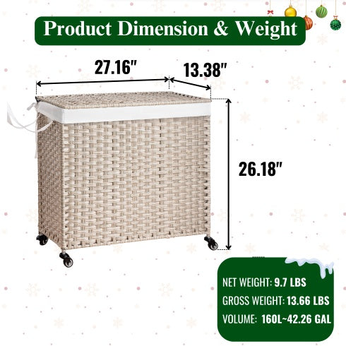 Laundry Hamper with Lid, PE Rattan, 2 Removable Bags & Wheels, 160L (Gray)