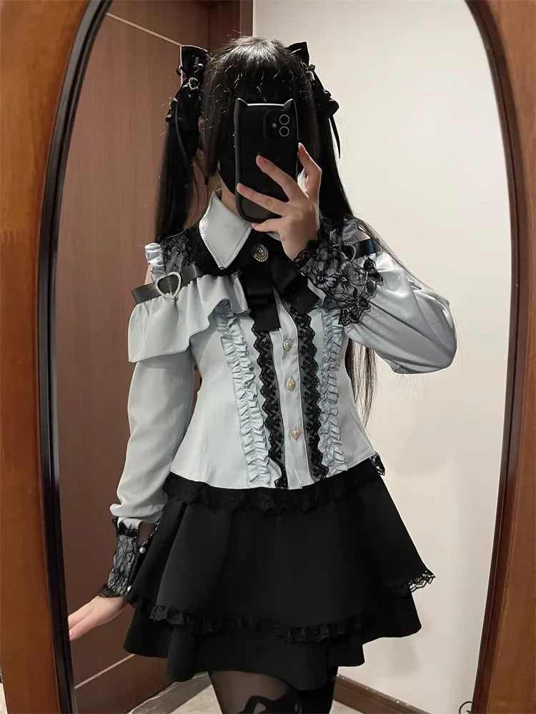 Dark Sweet Heart Ground Type Lolita Set, Ruffle Sleeve Top & A-line Skirt, Cute Kawaii Japanese Style Gothic Coord Outfit S-XL