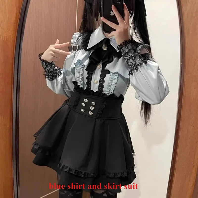Dark Sweet Heart Ground Type Lolita Set, Ruffle Sleeve Top & A-line Skirt, Cute Kawaii Japanese Style Gothic Coord Outfit S-XL