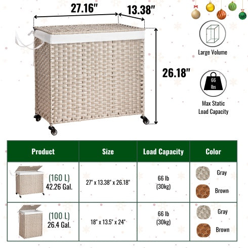 Laundry Hamper with Lid, PE Rattan, 2 Removable Bags & Wheels, 160L (Gray)