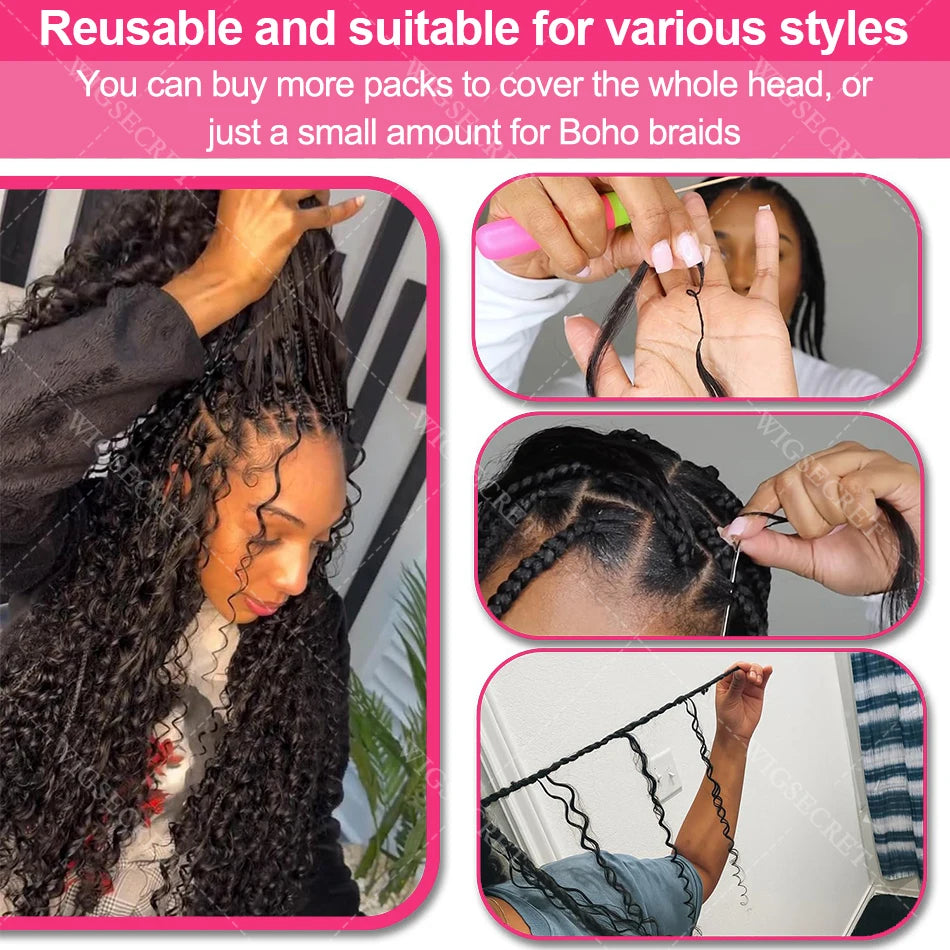 Deep Wave Crochet Human Hair Bundles Pre-Separated 100% Remy Boho Braids Feather Invisible Crochet Hair Extensions for Women