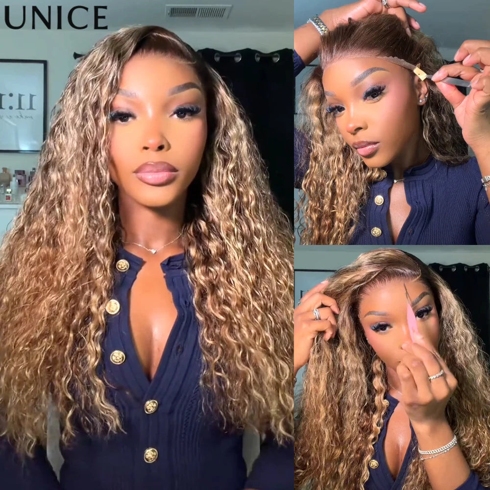 UNice Honey Blonde Highlights Water Wave Wig Side Part No-Slip 13x4 Lace Frontal Human Hair Wigs 150% Density