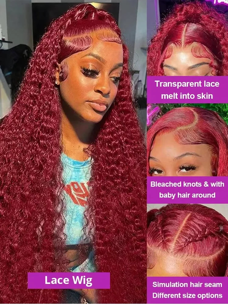 13x6 HD Transparent Lace 200 Density 13x4 Full Frontal Lace 99j Burgundy Preplucked Colored Deep Wave Frontal Human Hair Wig
