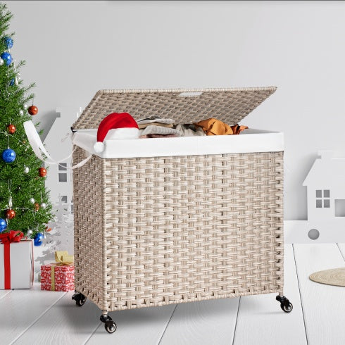 Laundry Hamper with Lid, PE Rattan, 2 Removable Bags & Wheels, 160L (Gray)