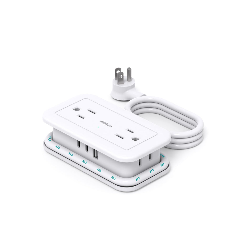 Addtam Travel Power Strip with 4 Outlets & 3 USB Ports, 4ft Flat Plug (White)