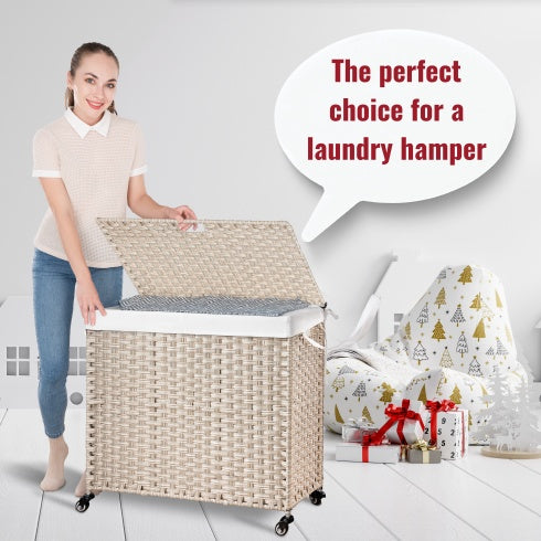 Laundry Hamper with Lid, PE Rattan, 2 Removable Bags & Wheels, 160L (Gray)