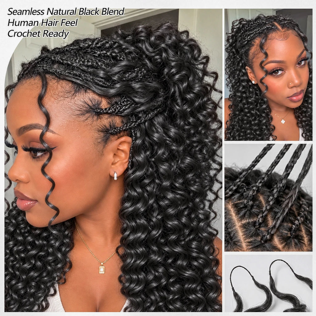 Deep Wave Crochet Human Hair Bundles Pre-Separated 100% Remy Boho Braids Feather Invisible Crochet Hair Extensions for Women