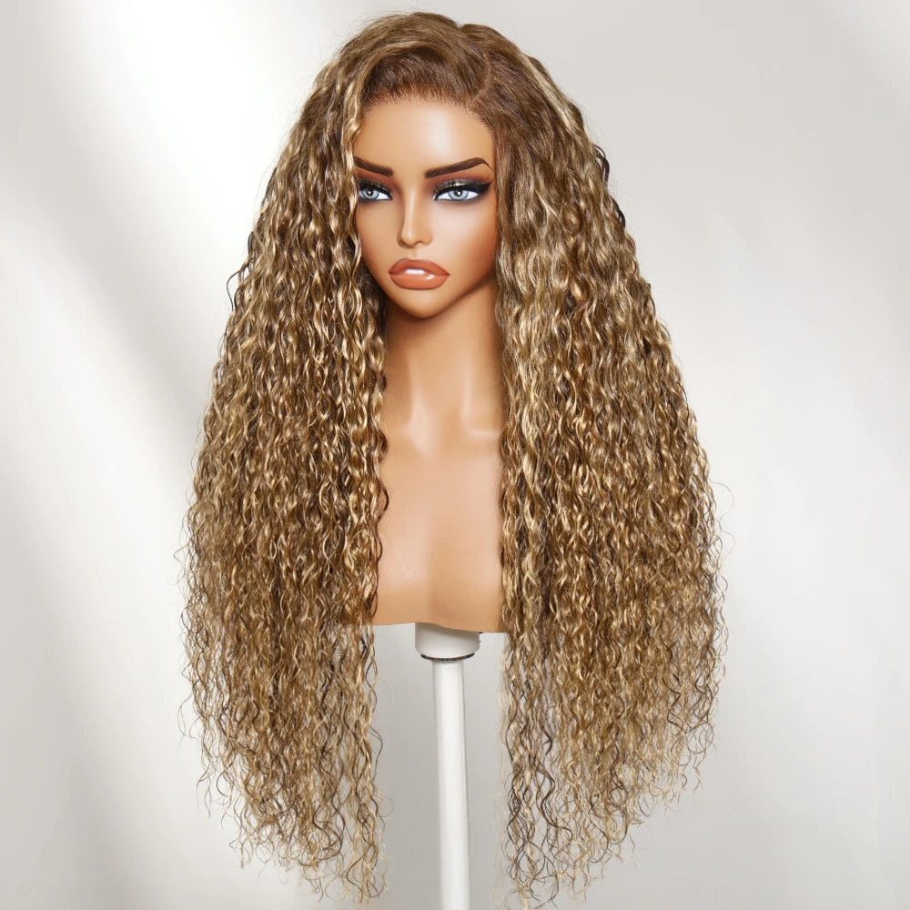 UNice Honey Blonde Highlights Water Wave Wig Side Part No-Slip 13x4 Lace Frontal Human Hair Wigs 150% Density