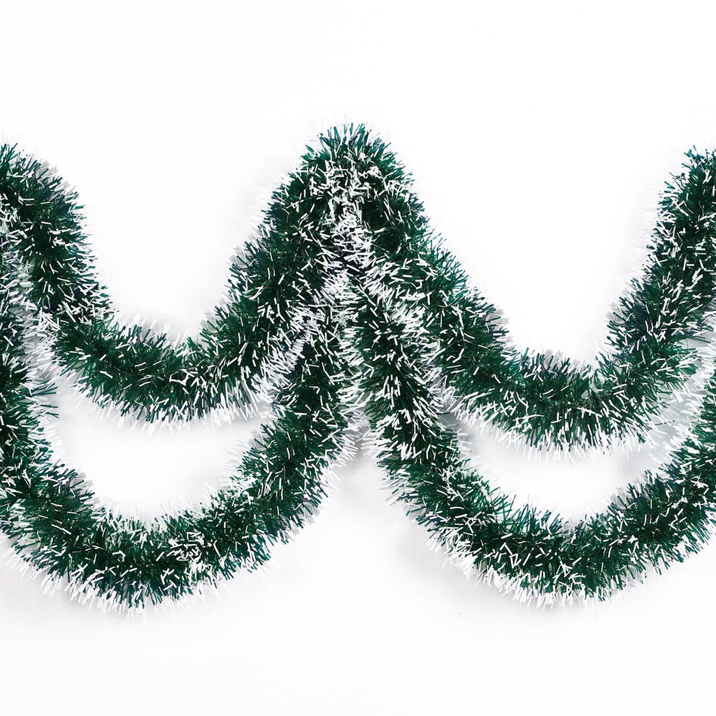 Christmas Tinsel Garland 33 Feet - Green & White Snowy, 6 Strand