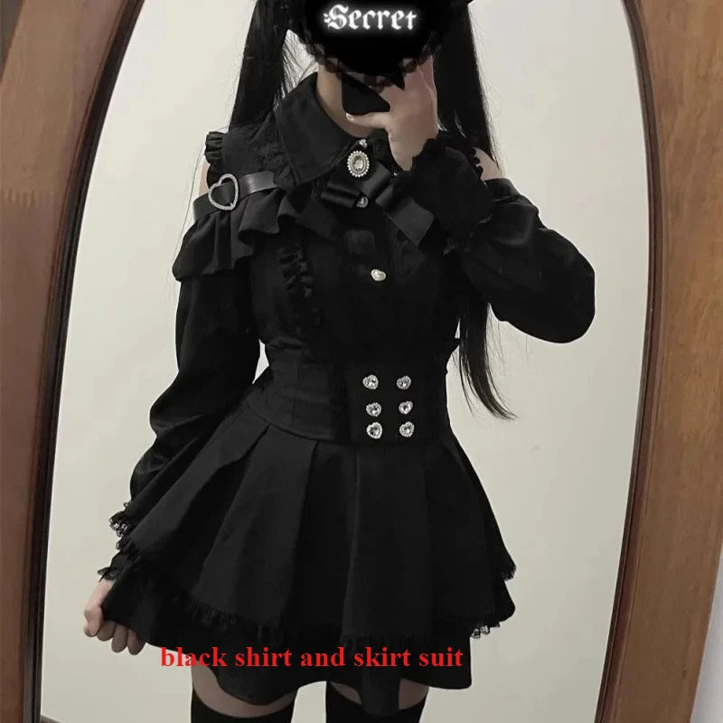 Dark Sweet Heart Ground Type Lolita Set, Ruffle Sleeve Top & A-line Skirt, Cute Kawaii Japanese Style Gothic Coord Outfit S-XL