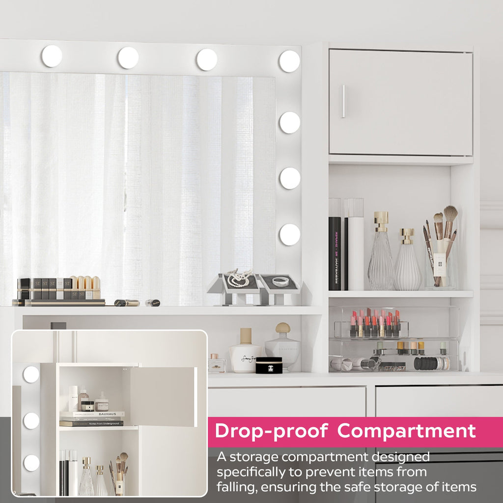 White Vanity Table with Dimmable Lighted Mirror, Storage Drawer and