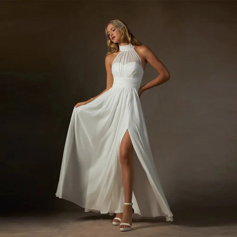 Customized Elegant Halter Split Front Wedding Dresses 2025 Simple A-Line Court Train Chiffon Brides Gown Vestidos De Novia