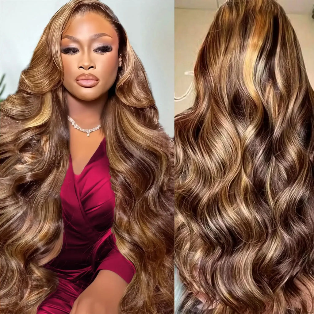 HD Highlight 46 Inch 13x4 Body Wave Lace Front Wigs 200 Density P4/27 Colored Human Hair 13x6 Body Wave Full Lace Frontal Wigs