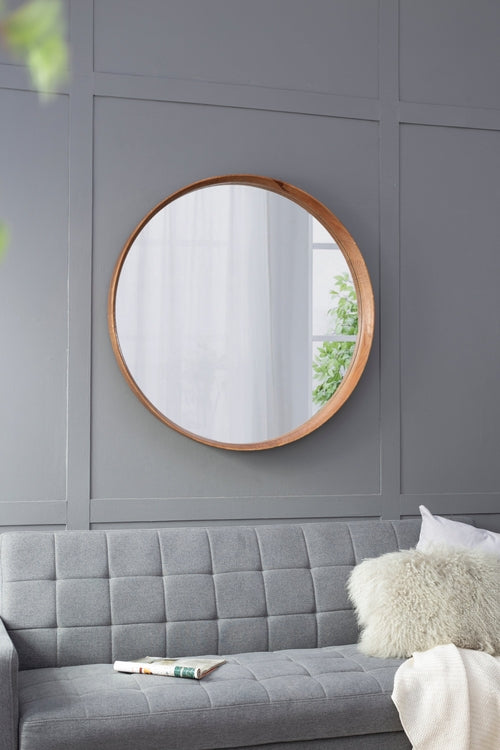 Round Brown Wood Frame Wall Mirror, 39.4 in